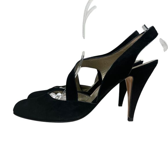 Bally Women Pumps Black Suede Slingback Cross Strap Pointed Toe 7M Made in Italy - Picture 2 of 7